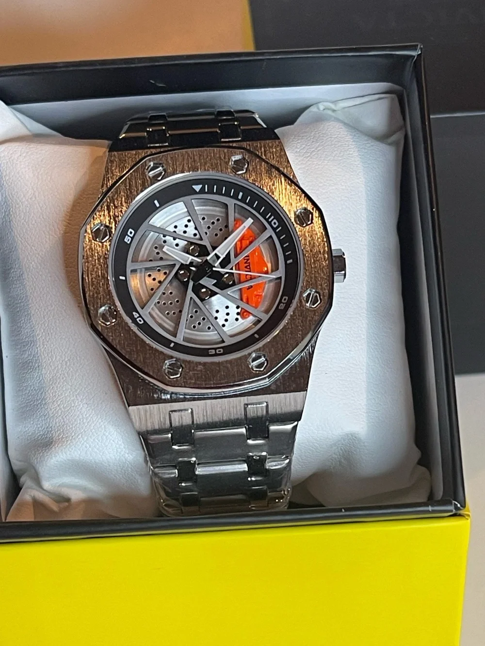 Skeleton Dial Stainless Steel Watch with Orange Accent - 69484